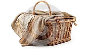 Wicker picnic basket with beige blanket over white background
