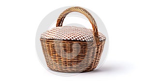 A wicker picnic basket with a checkered cloth photo