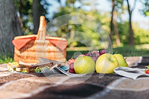 Wicker picnic basket and fresh tasty fruits on plaid in park