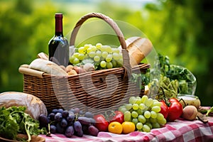 a wicker picnic basket full of fresh produce and wine