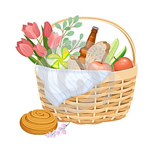 Wicker Picnic Basket or Hamper Full with Foodstuff Vector Illustration