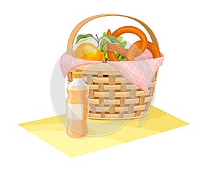 Wicker Picnic Basket or Hamper Full with Foodstuff Vector Illustration