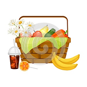 Wicker Picnic Basket or Hamper Full with Foodstuff Vector Illustration