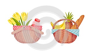 Wicker Picnic Basket or Hamper Full with Foodstuff Vector Set