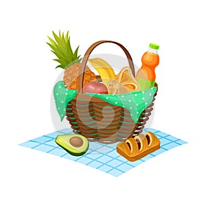 Wicker Picnic Basket or Hamper Full with Fruit and Baked Products Rested on Overlay Vector Illustration