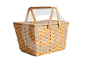 Wicker picnic basket on white