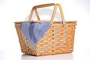 Wicker picnic basket on a white background with blue gingham tablecloth