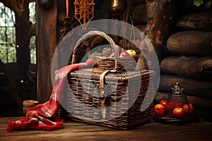 wicker picnic basket on a wooden table with rustic background