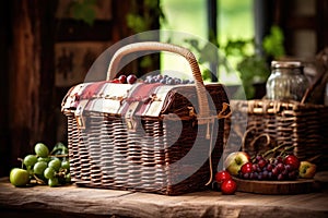 wicker picnic basket on a wooden table with rustic background