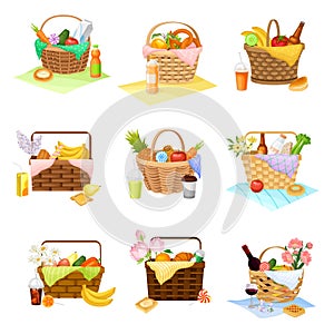Wicker Picnic Baskets and Hampers Full with Foodstuff Vector Set