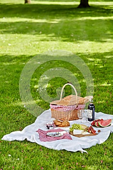 Wicker picnic hamper outdoors in a spring park