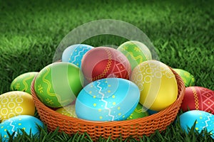 The wicker plate with Easter eggs in green grass.