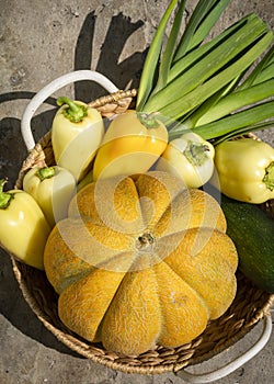 Wicker rustic basket with seasonal vegetables in a natural environment