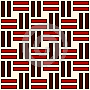 Wicker seamless pattern. Basket weave motif. Red colors geometric abstract background with overlapping stripes.