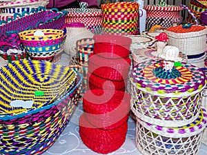 Wicker souvenirs baskets and vase from toquilla straw, Ecuador