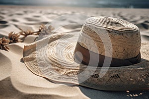 Wicker straw hat on beach sand. Summer sea vacation concept