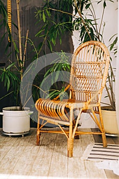 Wicker wooden eco chair in a home garden in sunny day