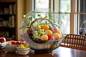 Wicker-woven Fruit basket dining room. Generate Ai