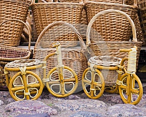 Wickerwork baskets bikes on the background