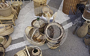 Wickerwork baskets on the italian market place. Handmade from natural material
