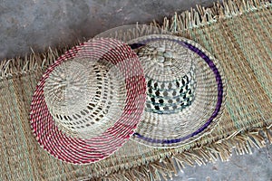 Wickerwork hat and mat texture made from dry sedge background.Closeup surface texture of hand made craft work.