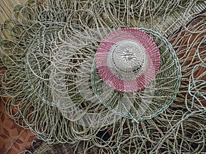 Wickerwork hat and mat texture made from dry sedge background.Closeup surface texture of hand made craft work.