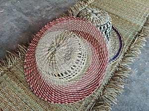 Wickerwork hat and mat texture made from dry sedge background.Closeup surface texture of hand made craft work.