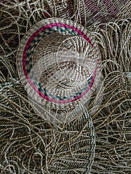 Wickerwork hat and mat texture made from dry sedge background.Closeup surface texture of hand made craft work.