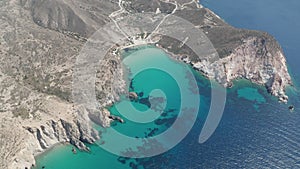 Wide Aerial Drone View above Beach Bay Greek Island Milos in Summer with Turquoise Blue Aegean Sea