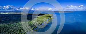 Wide aerial pano of mangroves ocean coastline.