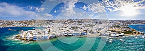 Wide aerial panorama of the town of Mykonos island, Greece