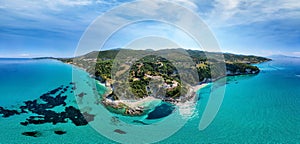 Wide aerial panorama of Xigia Beach on Zakynthos island, Ionian Sea, Greece