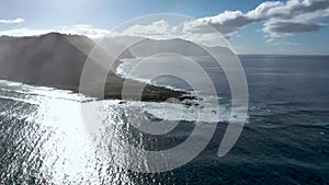 Wide aerial view of Kaena Point, the northwesternmost point of Oahu, Hawaii