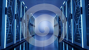 Server Room Data Center with Blue Lights, AI Technology Network Storage, High Tech Computing Infrastructure