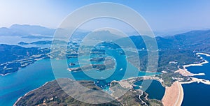 Wide angle aerial view of high island reservoir, far south eastern part of Sai Kung Peninsula, Hong Kong