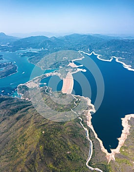 Wide angle aerial view of high island reservoir, far south eastern part of Sai Kung Peninsula, Hong Kong