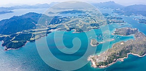 Wide angle aerial view of high island reservoir, far south eastern part of Sai Kung Peninsula, Hong Kong