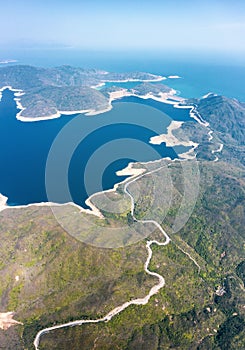 Wide angle aerial view of high island reservoir, far south eastern part of Sai Kung Peninsula, Hong Kong