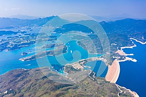 Wide angle aerial view of high island reservoir, far south eastern part of Sai Kung Peninsula, Hong Kong