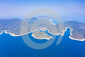 Wide angle aerial view of high island reservoir, far south eastern part of Sai Kung Peninsula, Hong Kong