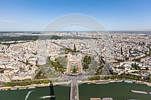 Wide angle aerial view of Paris on Eiffel Tower