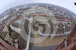 Wide angle aerial view to Basel city from Munster tower on a rainy day in Basel, Switzerland.