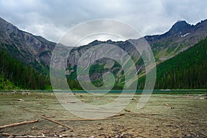 Wide angle of Avalanche lake in cloudy day