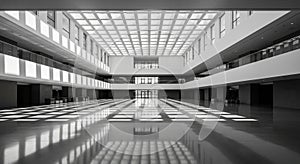 Vast Modern Architectural Interior with Geometric Light Patterns on Floor and Ceiling architecture