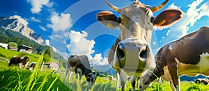 Wide Angle Brown Cow Muzzle Eating Fresh Green Grass in Sunny Meadow, Blue Sky and Sun on