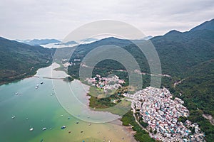 Wide angle drone vie of Kei Ling Ha Lo, the beautifyl landscape in Sai Kung