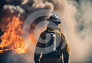 Wide angle, firefighter standing among heavy smoke during work