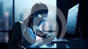 Futuristic robot android working at pc computer. Ai generated