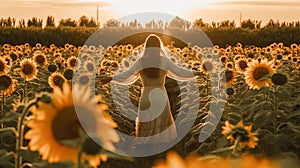 Wide angle image of girl in a beautiful dress in a sunflower field in golden light at sunset. View from behind, no face