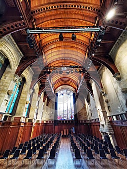 A wide-angle image of the University of Canterbury main assembly hall's interior